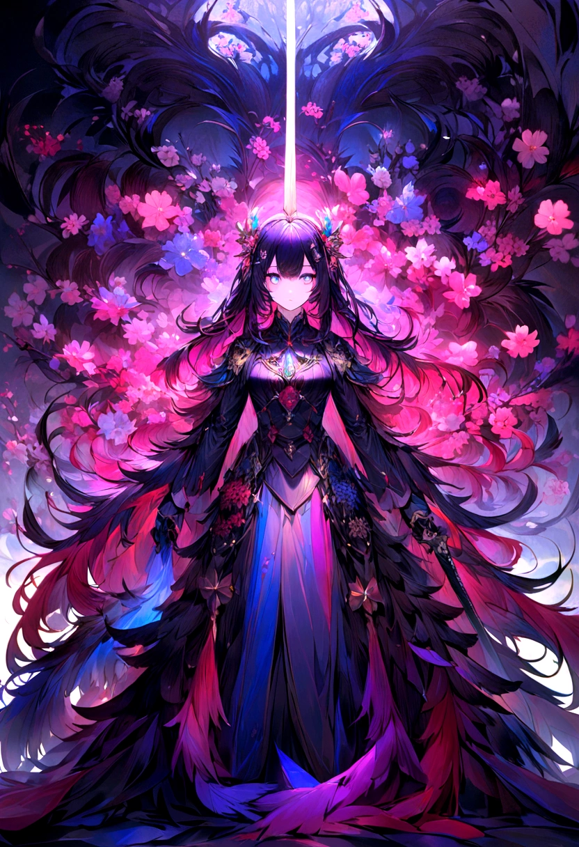 Danfeng Eyes,bushido,The upper part of the body,Black coiled hair,Simple hairpins,Cold eyes,solo person,orthofacial,frontage,Peach blossom background,Highly saturated colors,Hyper Real,8K high-definition,holding a longsword,Absolutely beautiful,high light,plethora of colors