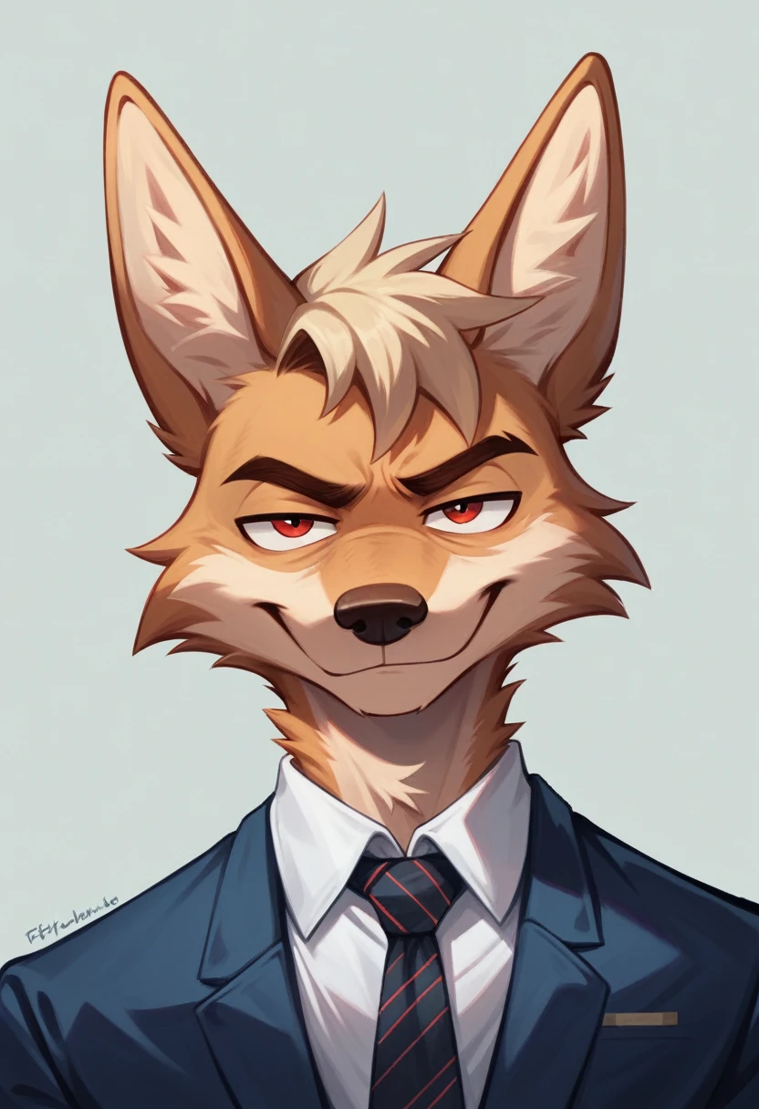 anthro furry male coyote red and white tan color fur spikey hair smug expression headshot bust best quality, 4k, (by foxovh, rOSS tran, pino daeni),