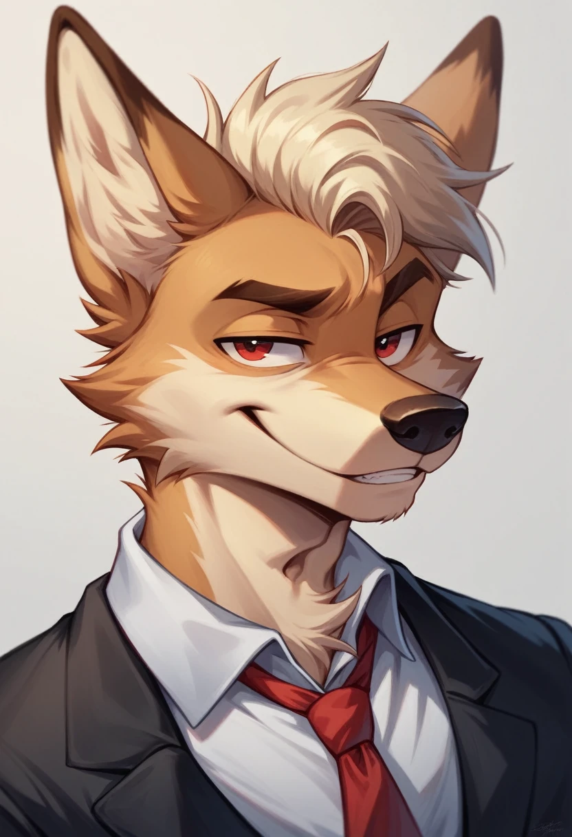 anthro furry male coyote red and white tan color fur spikey hair smug expression headshot bust best quality, 4k, (by foxovh, rOSS tran, pino daeni),