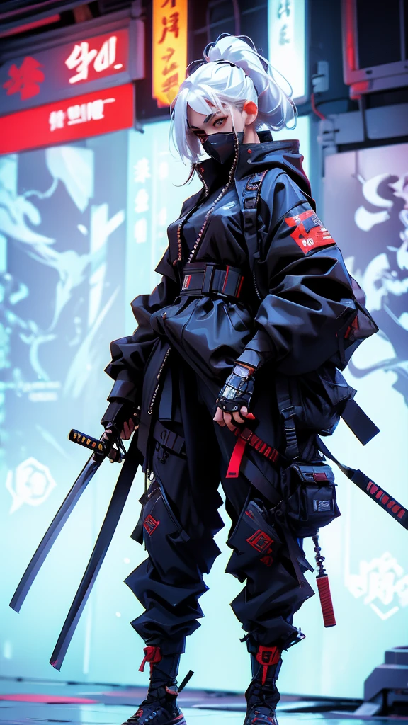 Ninja girl cyborg. Cyberpunk samurai hold katana . White hair .korean girl