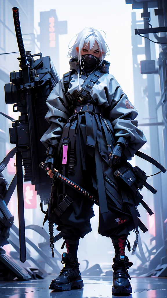 Ninja girl cyborg. Cyberpunk samurai hold katana . White hair .korean girl