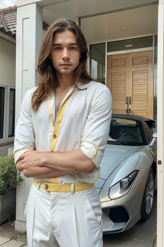 A 30 year old young man with a mixed English and Indonesian face, sharp nose, blue eyes, shoulder length hair, reddish blonde, white skin, oval face, wearing an ivory yellow suit, black shirt, standing leaning against a red Ferrari Spider whose door is open, wearing the number plate A 1 DAM in front of the house. whitewashed modern luxury