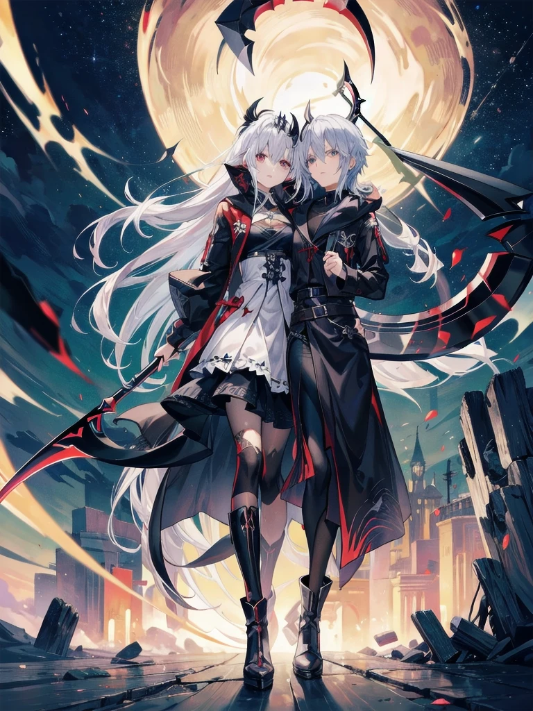 (((highest quality、Masterpiece、Normal body、8k、Detailed face、Ultra-precision、Normal hand、Normal finger、5Finger、Highest)))Beautiful girl with golden and silver hair、Princess、Absolute Being、Twilight Dress、White and black skirt、Shiny Tiara、metal boots、Death Scythe、Game Scythe、grim Reaperの鎌、disaster々New Scythe、disaster々Aura、reap the soul、death penalty、Grim Reaper、grim Reaper、collapsing universe、Dimensional Destruction、The End of the Galaxy、Combat Ready、Death Scytheを振りかぶる、He lowers his waist, holds the scythe in both hands and swings it over his shoulder.、Brace your feet and put your hips in