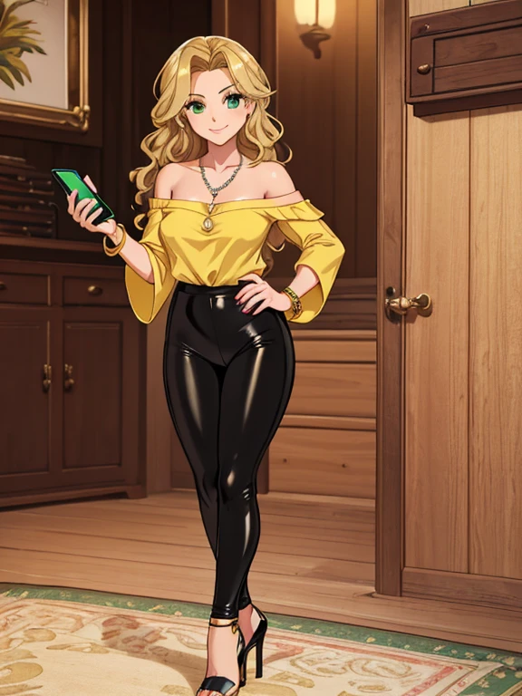 (4K quality), masterpiece, beautiful mature woman, she's 36s year old, standing at approximately 5'1" tall, has neck-length hair, her hair is golden blonde, wavy hair, has tan-olive skin, green eyes, she's looking at he camera with a confident smile, ((slim, petite)), her breasts are medium sized, ((Is wearing a yellow off-shoulder shirt, shiny black leggings, emerald necklace, silver bracelets and high-heels)), is wearing pink makeup, is wearing red lipstick, she's holding a cell phone
