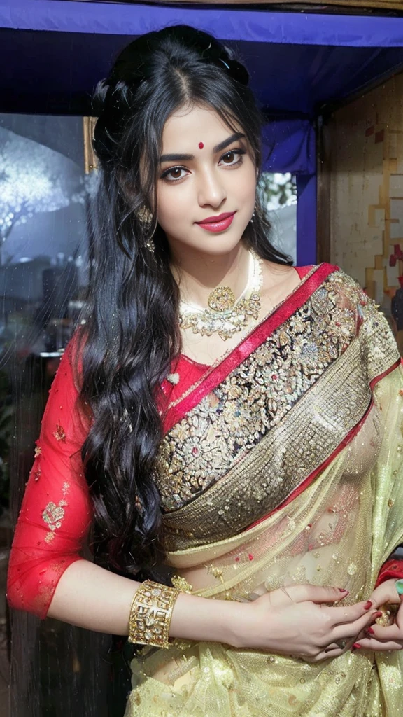 (((Stunningly Beautiful persian Princesss ))), elegant blue black updo hair, sweet smile, Beautiful bride posing under a fairy tale arch of exotic magical flowers, looking back,elaborate scene style, crystal glass lattice, glitter, transparent embroidered lace, realistic style, 8k,exposure blend, medium shot, bokeh, (hdr:1.4), (cinematic), ( dark tones:1.3), (hyperdetailed:1.2),Realism,1 girl,girl wearing indian saree(dressed in transparent saree)(wearing glitter graphics jewelry)big ,Sexy medium Breast,nipple,bright light ,long_hair, Bokeh ,nsfw , indian ,tree branch, colourfull ,undersized bra,princess dress,lehenga choli