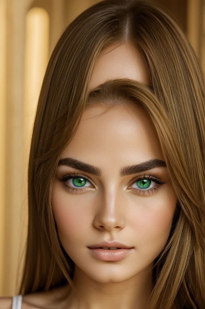 Very beautiful woman face with oval shape with light green eyes with light golden brown hair long and vawy, with full lips,  very exotic face, very beautiful features, arched eyebrows