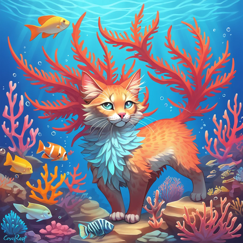 coral reef cat in fantasy art style