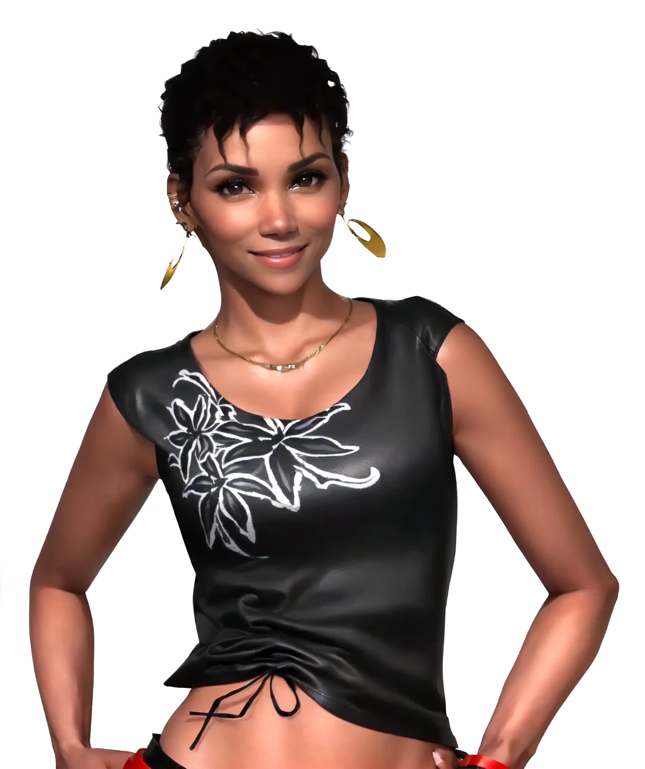 she's black, black hair, dark brown eyes, (eyes turned to look at the camera), swedish, as a character in Out Run 2, of SEGA, 3D CG from the 2000s, Holly, 2k, 2 k, ((smiling face)), realistic, render of halle berry, fighting game character, nina from tekken, bright clean face, from devil may cry, wide open curious eyes, carefree pose, black leather shirt with black and white flower art on it, simple golden necklace and earrings, red wristband, closed smiling mouth