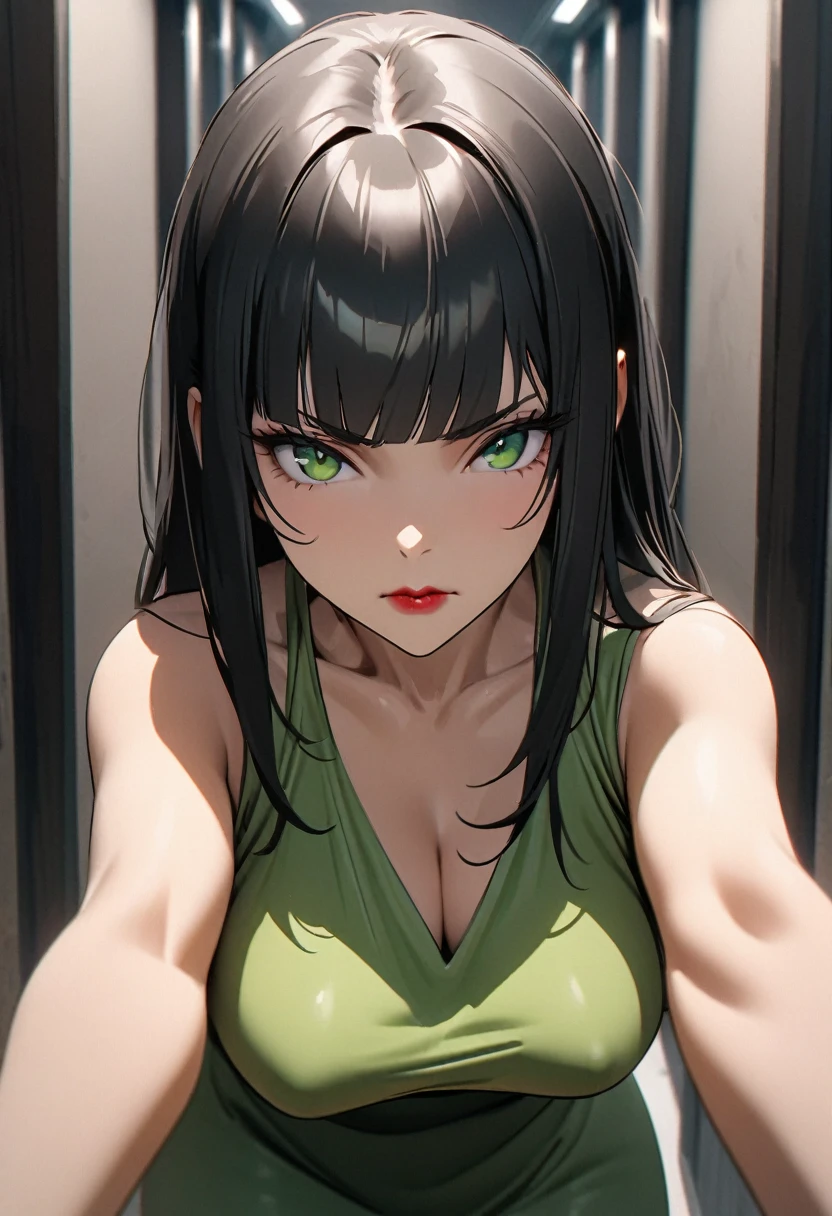 Mature woman, perfect anatomic draw, perfect eyes, long black hair, beautiful eyes, straight bangs down, green eyes, beautiful woman, red lips, serious face, in the corridor, pose, sexy woman, green puff dress, 8k, high quality, full HD.