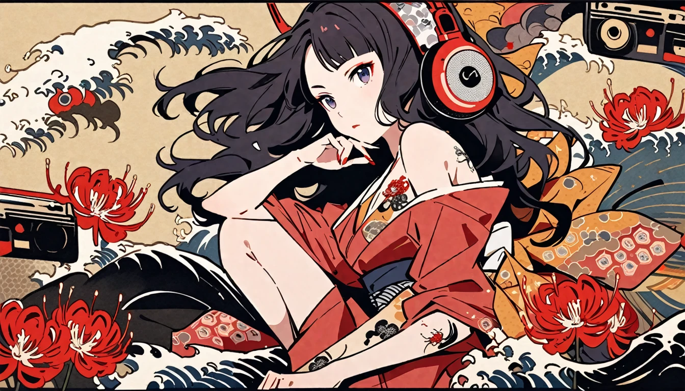 tatoo, Highest quality, Katsushika Hokusai, Ink Painting, (((longhair))), (((Pale red kimono))), (((Boombox))), Patterned headphones, Red spider lily, beautiful girl, Black Hair, Delicate and precise, Modern ukiyo-e style,