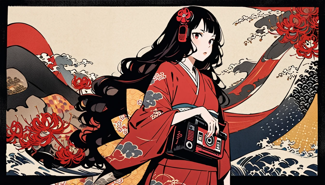tatoo, Highest quality, Katsushika Hokusai, Ink Painting, (((longhair))), (((Pale red kimono))), (((Boombox))), Patterned headphones, Red spider lily, beautiful girl, Black Hair, Delicate and precise, Modern ukiyo-e style,