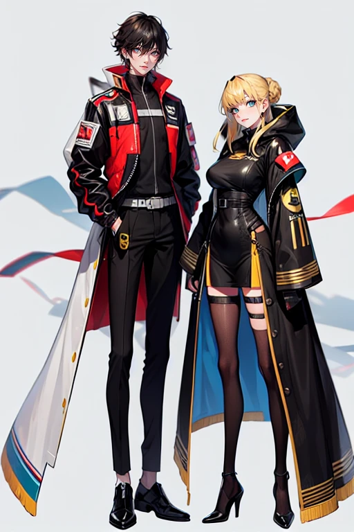 (tall man, (man is taller than me woman) messy black-haired man wearing a sexy space outfit.),(a thin woman, long blonde hair, green eyes, wearing scifi space outfit) best quality, adorable, ultra-detailed, illustration, complex, detailed, extremely detailed, detailed face, soft light, soft focus, perfect face. illustration. two people, couple: Full body