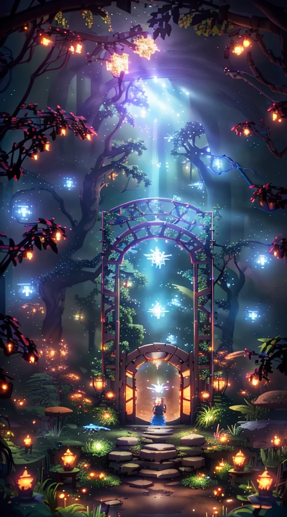 (Digital Artwork:1.3) of (Sketched:1.1) octane render of a mysterious dense forest with a large (magical:1.2) gate (portal:1.3) to the eternal kingdom, The gate frame is designed in a round shape, surrounded by delicate leaves and branches, with fireflies and glowing particle effects, (UI interface frame design), (natural elements), (jungle theme), (square), (leaves) , (twigs), (fireflies), butterflies, (delicate leaves), (glow), (particle effects, light engrave in intricate details, (light particle:1.2), (game concept:1.3), (depth of field:1.3), global illumination,Highly Detailed,Trending on ArtStation.