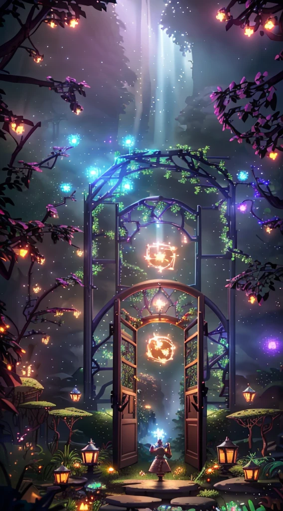 (Digital Artwork:1.3) of (Sketched:1.1) octane render of a mysterious dense forest with a large (magical:1.2) gate (portal:1.3) to the eternal kingdom, The gate frame is designed in a round shape, surrounded by delicate leaves and branches, with fireflies and glowing particle effects, (UI interface frame design), (natural elements), (jungle theme), (square), (leaves) , (twigs), (fireflies), butterflies, (delicate leaves), (glow), (particle effects, light engrave in intricate details, (light particle:1.2), (game concept:1.3), (depth of field:1.3), global illumination,Highly Detailed,Trending on ArtStation.