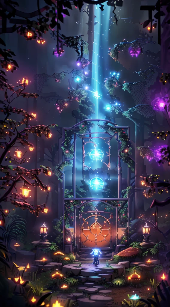 (Digital Artwork:1.3) of (Sketched:1.1) octane render of a mysterious dense forest with a large (magical:1.2) gate (portal:1.3) to the eternal kingdom, The gate frame is designed in a round shape, surrounded by delicate leaves and branches, with fireflies and glowing particle effects, (UI interface frame design), (natural elements), (jungle theme), (square), (leaves) , (twigs), (fireflies), butterflies, (delicate leaves), (glow), (particle effects, light engrave in intricate details, (light particle:1.2), (game concept:1.3), (depth of field:1.3), global illumination,Highly Detailed,Trending on ArtStation.