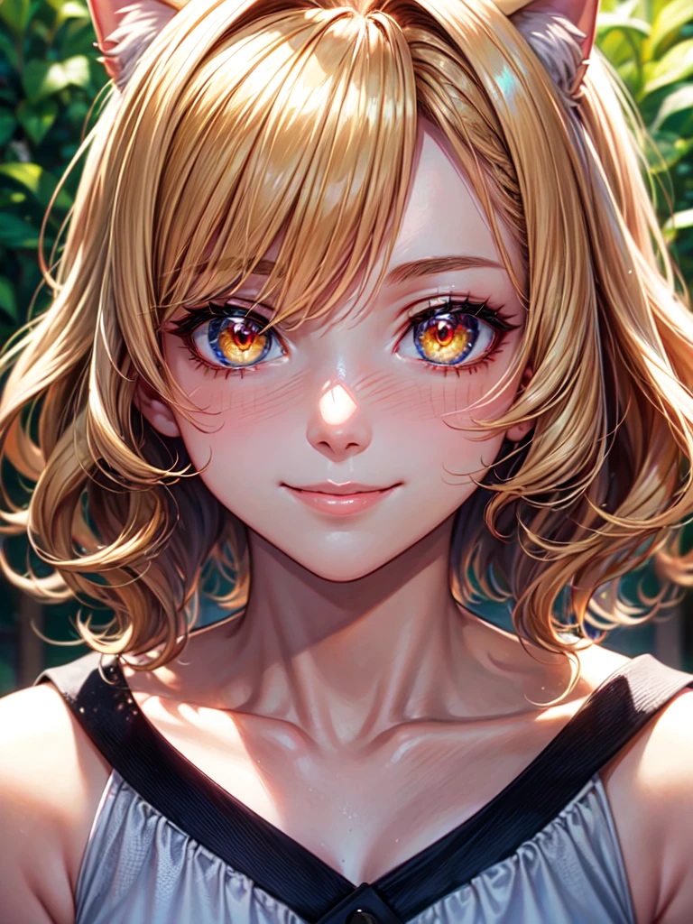 hair over shoulder, wavy hair, hair strand, shiny hair, blonde hair, eye reflection, glowing eyes, slit pupils, amber eyes, cat ears, smile, blush, glint, happy, anime, anime style, En plein air, high detail, cinematic lighting, ray tracing, reflection light, masterpiece, accurate, anatomically correct, super detail, high details, high quality, best quality, highres, 4K
