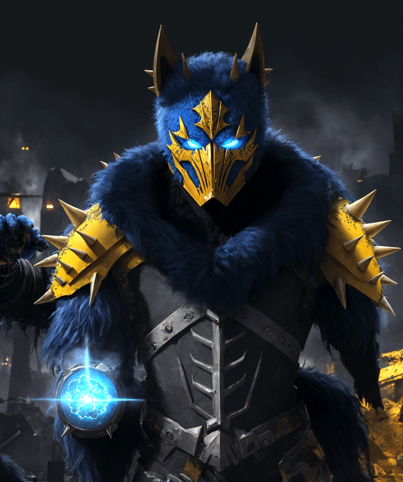(extremely detailed 8k wallpaper), a medium shot photo of Grim dressed as a scary masked yellow and blue furry-supervillain in a yellow and blue spiked armour made of fur glowing armour with spikes from marvel, theme, intricate, high detail, dramatic, furry monster and destroyed buildings in the background