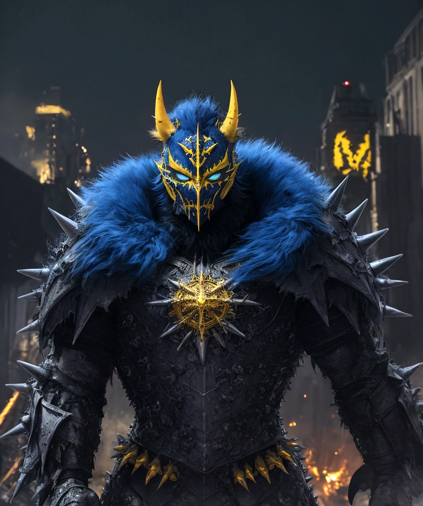(extremely detailed 8k wallpaper), a medium shot photo of  Grim dressed as a scary masked yellow and blue furry-supervillain in a yellow and blue spiked armour made of fur glowing armour with spikes from marvel, theme, intricate, high detail, dramatic, furry monster and destroyed buildings in the background