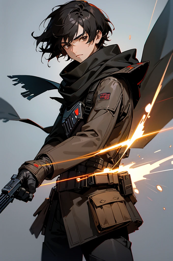 Male adult star wars bounty hunter, Short black hair, light black armored clothes, brown eyes, big black scarf covering lower face, holding 2 blaster pistols