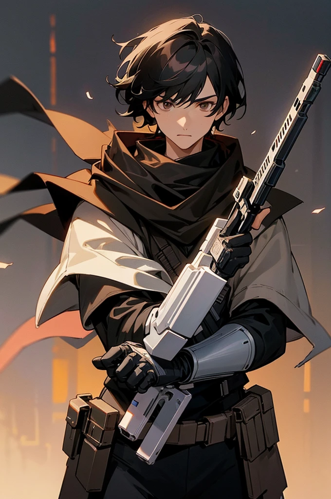 Male adult star wars bounty hunter, Short black hair, light black armored clothes, brown eyes, big black scarf covering lower face, holding 2 blaster pistols
