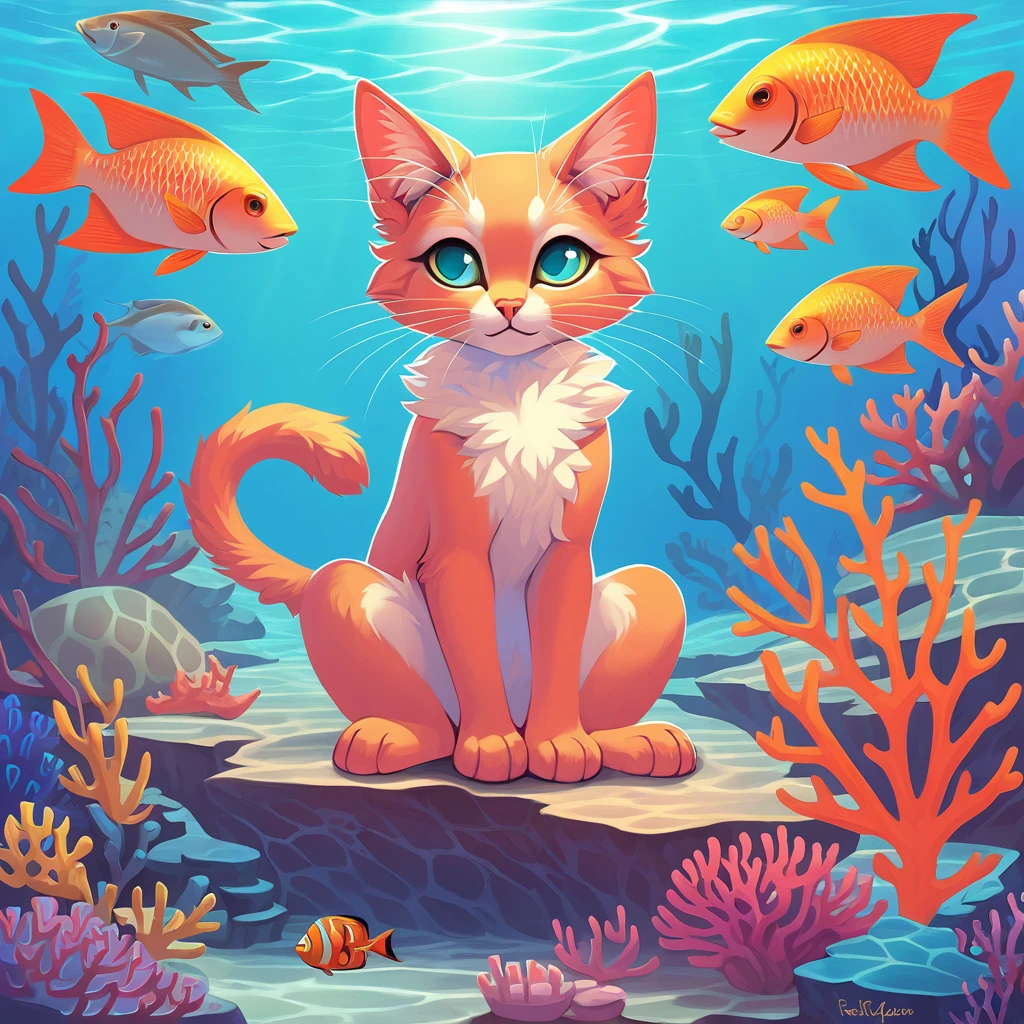 coral reef cat in fantasy art style