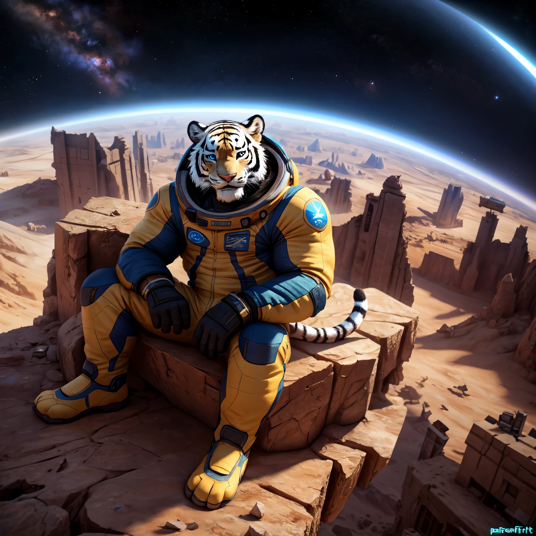 At the top of the mountain and on the edge of the cliff, a muscular man wearing a silver and yellow spacesuit, a white tiger in a spacesuit sitting next to you, man looking and smiling at the camera, Beautiful feet, perfekt teeth, perfect toes, perfects eyes, showing the whole body. Under the cliff, Four spaceships slowly emerge from the ruins of a desolate city built in the desert, Going to the stars, cinematic lighting, melhorar, anáglifo, optical illusion, From  above, atmospheric perspective, ultra HD, 8K.