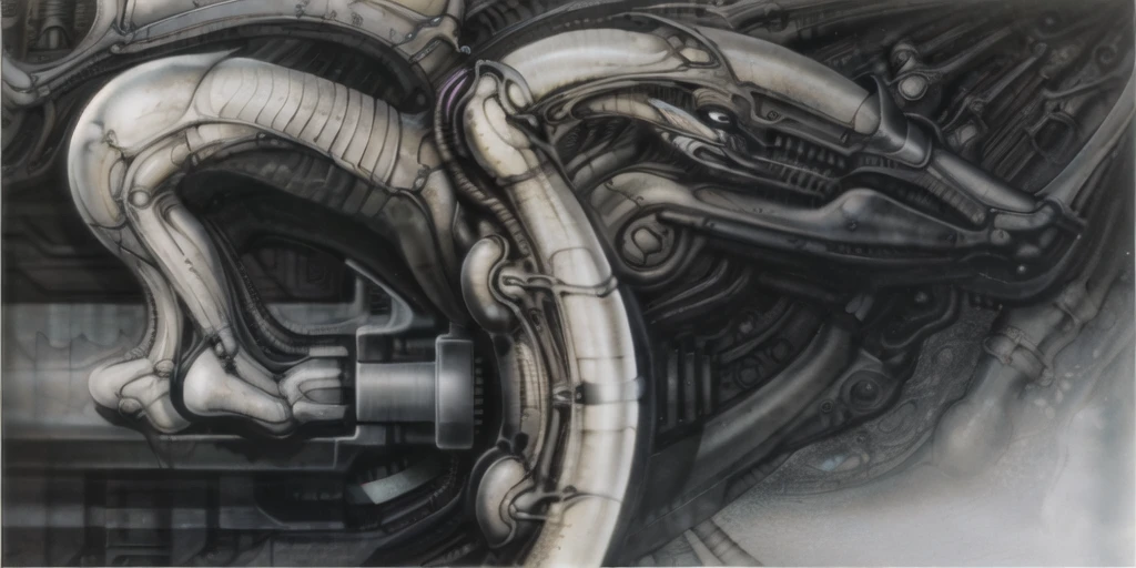 g1g3r, The image is a detailed view of H.R. Giger's \" Biomechanical Landscape No II \" plate, featuring a complex network of bones and organs in a purple-brown hue ,swirling gray and brown colors. The artwork is silver and purplish brown, with an ivory bones prominently displayed. The image is highly detailed and intricate, almost like a 3d version of a medical diagram (detailed view of an anatomy model, possibly of a human body, with transparent organs and bones exposed). The piece has a thick mechano-organic texture and is covered in fine details. The image has a swirling, organic quality to it. The artistic manner would be unmistakably Gigeresque. A dark and unsettling beauty would permeate the piece, blurring the lines between fascination and repulsion , forever haunted by the grotesque allure. Giger's signature artistic manner would be evident in every stroke. The airbrush would be wielded with masterful precision to create a hyperrealistic yet nightmarish aesthetic.
 The texture of ivory with signs of burning and fossilization can be seen in the mix of smooth and rough brushstrokes. By Peter mohrbacher, ooze soaked pajama top
