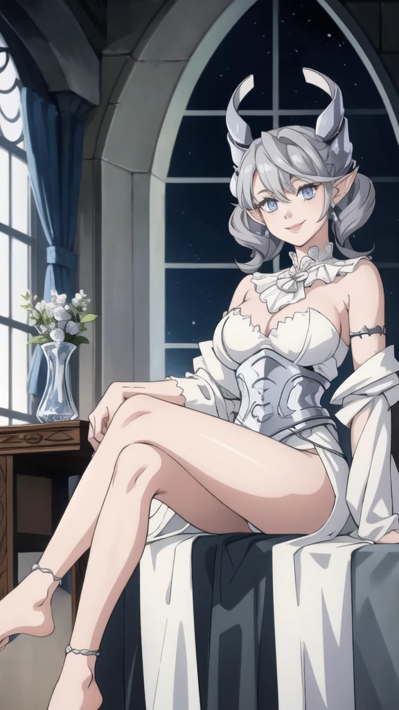 Beautiful arts wallpaper moonlight Outside castle top High level image quality best image quality 8K adult woman silver castle hall more colors whole body view portrait wearing pure white Goddess dress horn ears short hair((shortcut)(gray hair)(perm)(fluffy)) eye color is blue , evil face , face detailed , face fixed , smile , labrynth , barefoot , teasing with her breast, , sitting with crossed legs on piano , looking at the windows , stovie , crystal chandaglier , white curtains