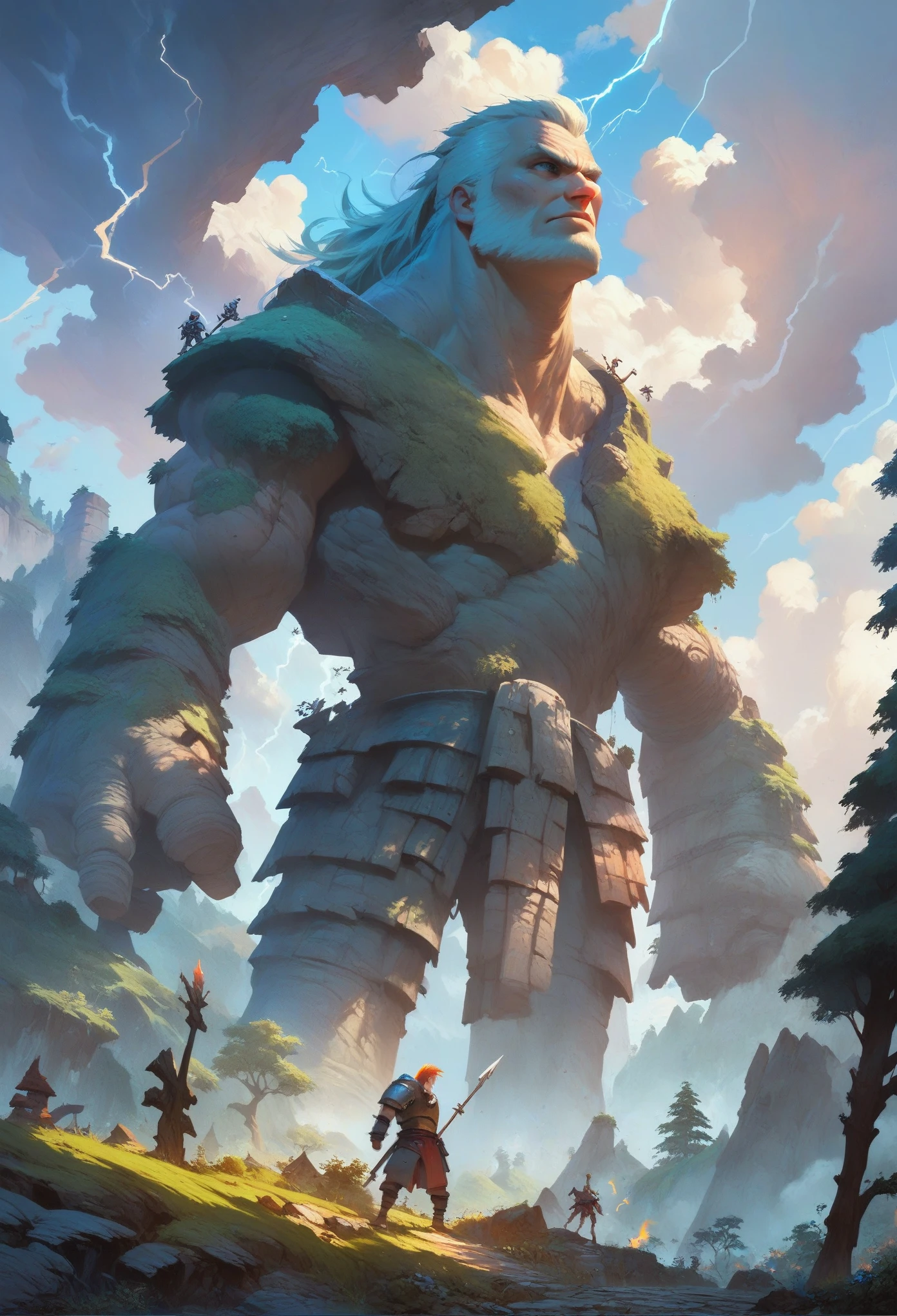 epic character, gladiator, iron armor, large medieval spear, naruto-style scenery, vibrant colors, lightning bolts, long hair, towering mountains and giant trees, intense sunlight