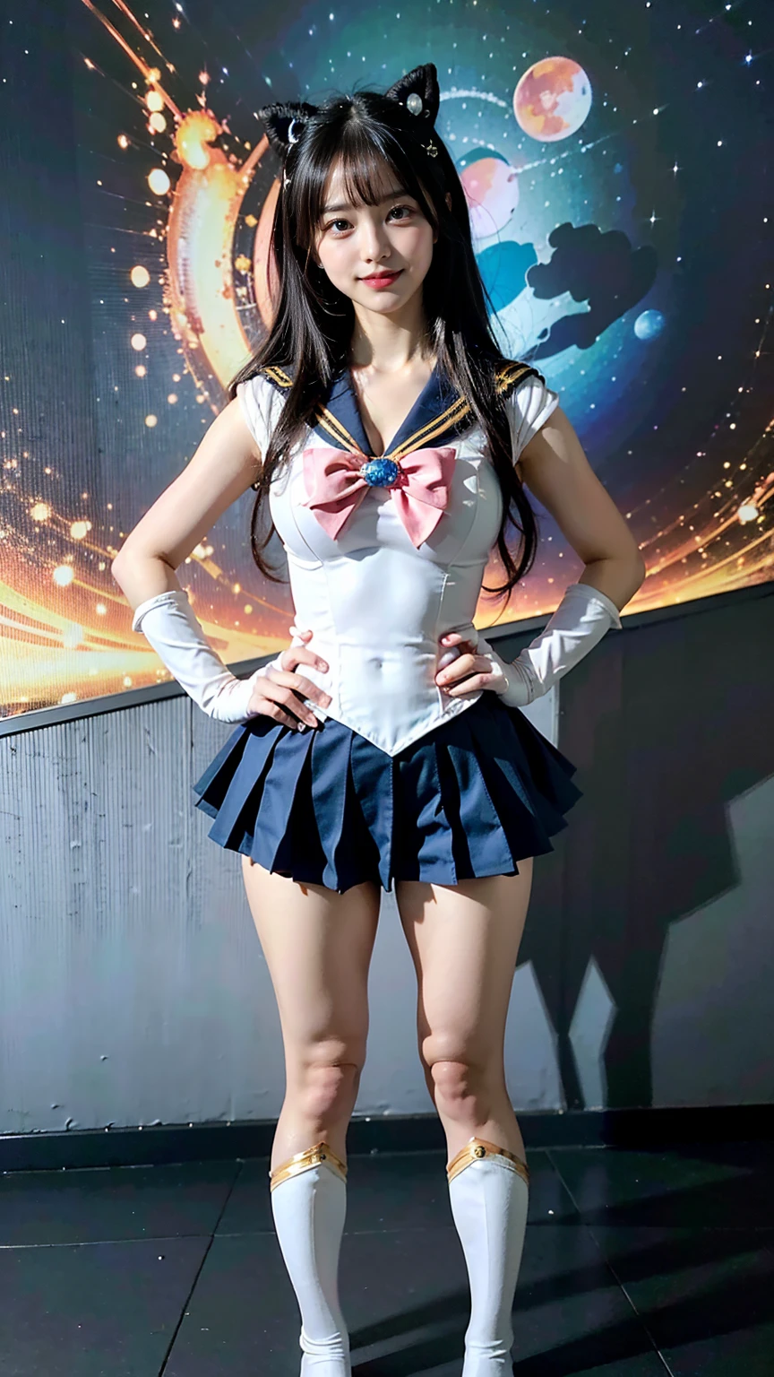 (8K、RAW Photos、Highest quality、masterpiece:1.2)、(Realistic、Realistic)、1 Girl、((Sailor Moon Costume:1.2、Thin legs、whole body、View from the front、smile、Looking into the camera、Stand with hands on hips))、cute