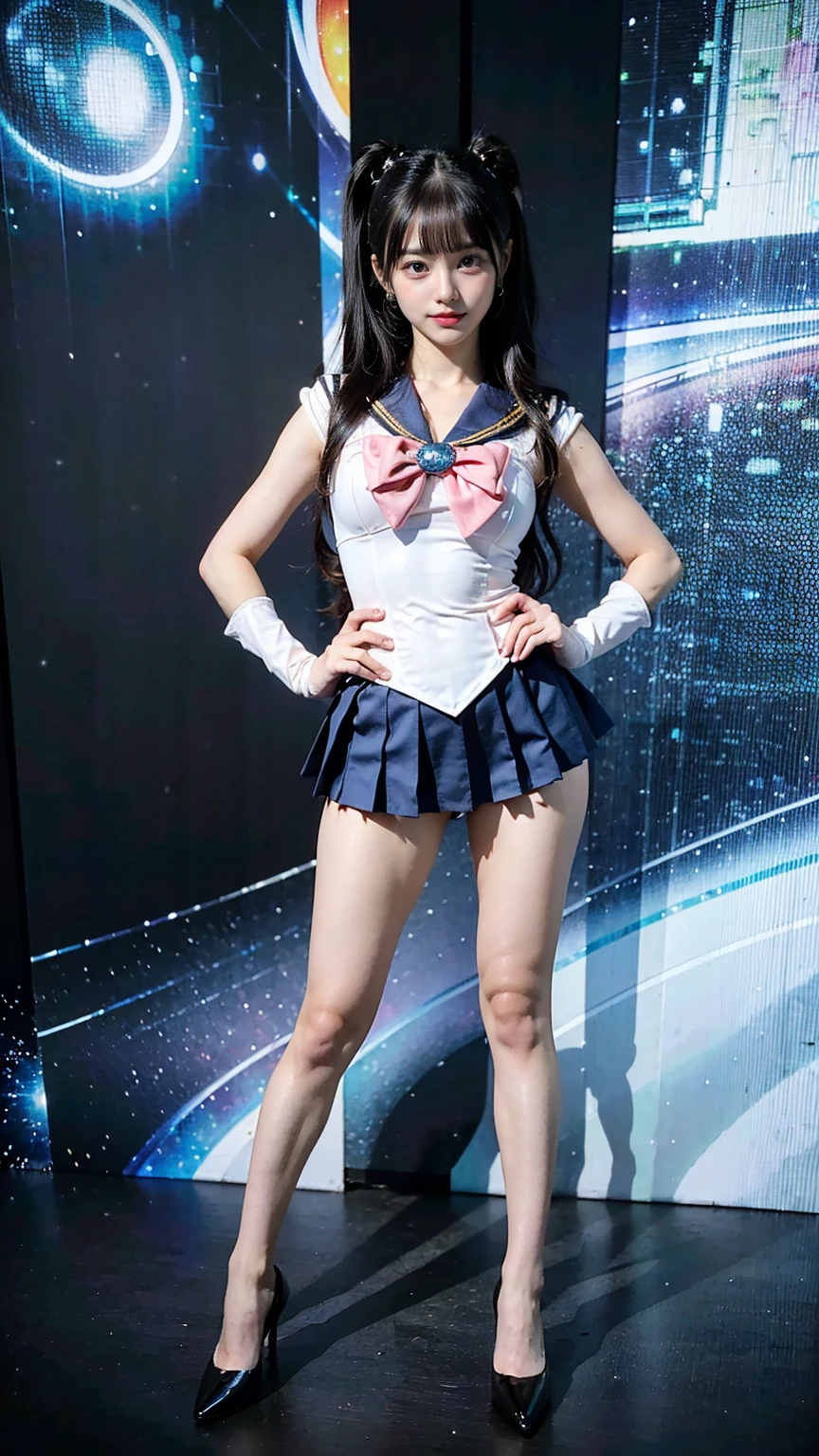 (8K、RAW Photos、Highest quality、masterpiece:1.2)、(Realistic、Realistic)、1 Girl、((Sailor Moon Costume:1.2、Thin legs、whole body、View from the front、smile、Looking into the camera、Stand with hands on hips))、cute