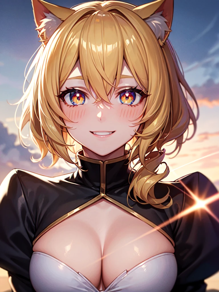 hair over shoulder, wavy hair, hair strand, shiny hair, blonde hair, eye reflection, glowing eyes, slit pupils, amber eyes, cat ears, smile, blush, glint, happy, anime, anime style, En plein air, high detail, cinematic lighting, ray tracing, reflection light, masterpiece, accurate, anatomically correct, super detail, high details, high quality, best quality, highres, 4K