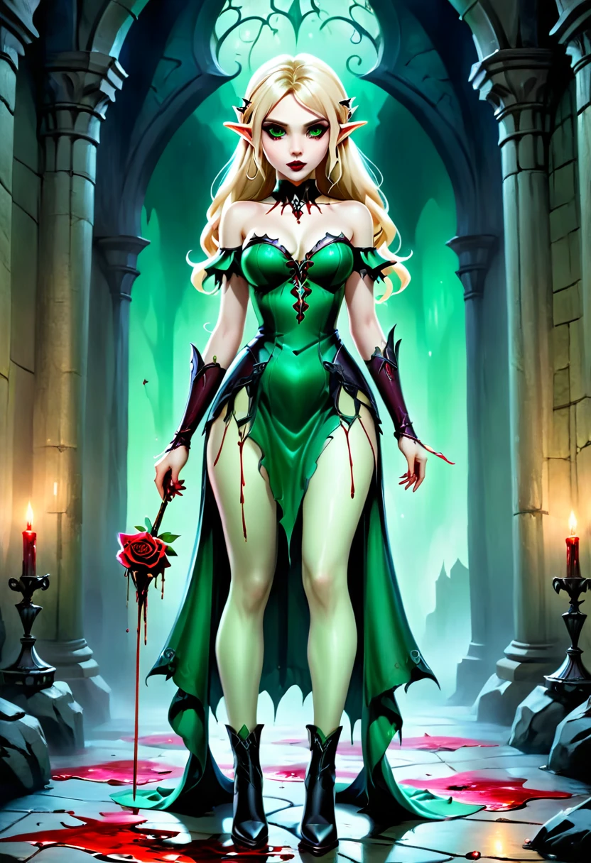 Dark fantasy art, fantasy art, goth art, a picture of the elf Princess Zelda as vampire, exquisite beauty, full body shot, dark glamour shot, pale white skin, blond hair, long hair, wavy hair, (glowing green: 1.3) eyes, she wears a (green: 1.3) intricate glamour dress, thigh high heeled boots,((blood stains: 1.3)),  roses vibrant, Ultra-high resolution, High Contrast, (masterpiece:1.5), highest quality, Best aesthetics), best details, best quality, highres, ultra wide angle, 16k, [ultra detailed], masterpiece, best quality, (extremely detailed), betmd, high heells, dark castle porchm, dark, black and colorm, Dark Art Painting Style, Blood_Covered