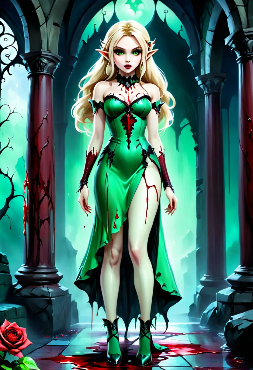 Dark fantasy art, fantasy art, goth art, a picture of the elf Princess Zelda as vampire, exquisite beauty, full body shot, dark glamour shot, pale white skin, blond hair, long hair, wavy hair, (glowing green: 1.3) eyes, she wears a (green: 1.3) intricate glamour dress, thigh high heeled boots,((blood stains: 1.3)),  roses vibrant, Ultra-high resolution, High Contrast, (masterpiece:1.5), highest quality, Best aesthetics), best details, best quality, highres, ultra wide angle, 16k, [ultra detailed], masterpiece, best quality, (extremely detailed), betmd, high heells, dark castle porchm, dark, black and colorm, Dark Art Painting Style, Blood_Covered