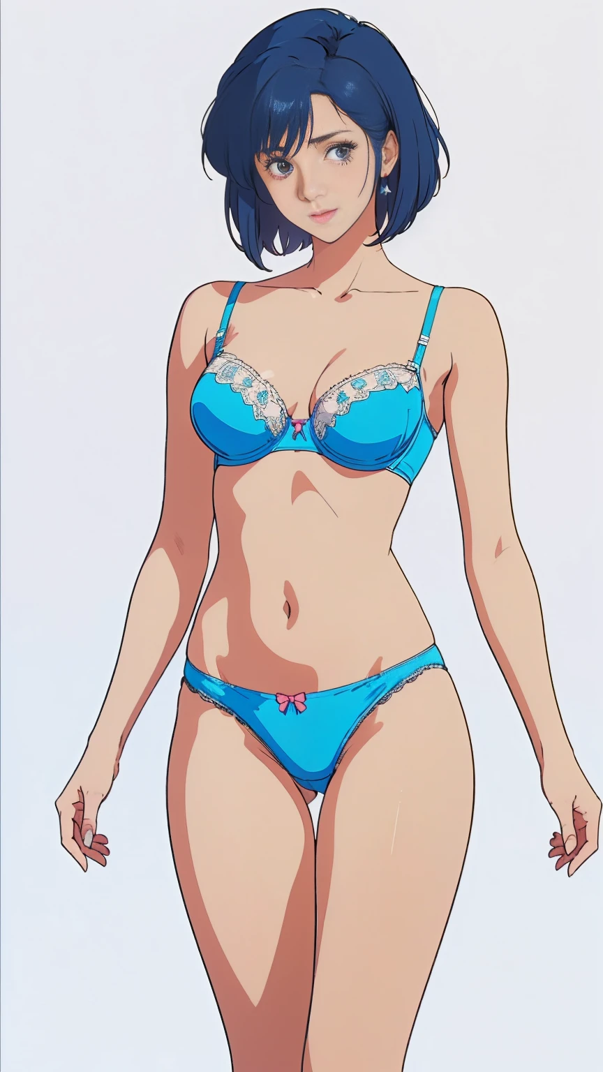 ((masterpiece)), (((Highest quality))), ((Reference Sheet, Character Design)), Highest quality, masterpiece, Ultra-high resolution, Original photo, Ultra-high resolution, Three beautiful women, Blue hair, bob cut, Big smile, Wearing a white and pink lace bra, Wearing white and pink lace panties, (elaborately designed luxury panties for adults, panties high definition images, draw panties with super precision), (((threads of the seams for panties crotch is visible))), stitch of panties is visible