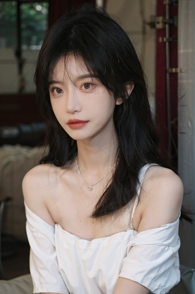 Film portrait photography, 1 girl, bare shoulders,lipstick,(flat chest:1.4), Shoulder length wavy hair, wear necklace,scarf,earrings,short sleeves,serene, calm, (Realistic and detailed eyes, natural skin texture, Realistic facial details), Soft dramatic lighting, depth of field, Bokeh, big breasts,Areola,split,cleavage,Vibrant details, Detailed and detailed, surreal, 35mm film, hazy, ,