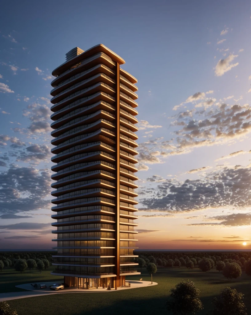 Zaha Hadid style hotel tower with wood and metal texture, rural landscape at dusk in high quality, 8k UHD