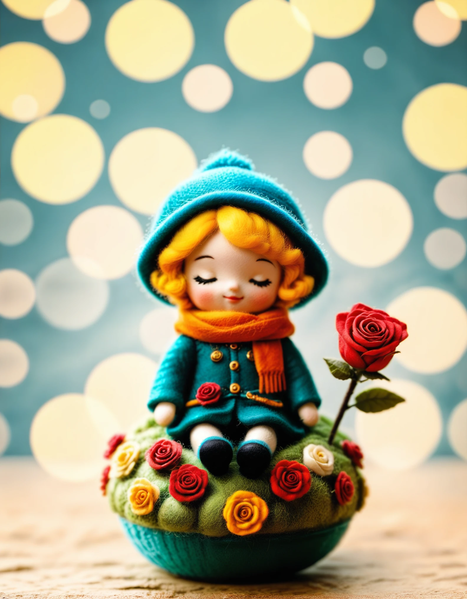 1girl,maozhan, felt style,the image showcases a whimsical doll with golden hair,closed eyes,and a scarf,seated on a spherical object. The doll holds a red rose and is surrounded by bokeh lights. The main colors are green,orange,and red.,
masterpiece, newest, absurdres,safe
