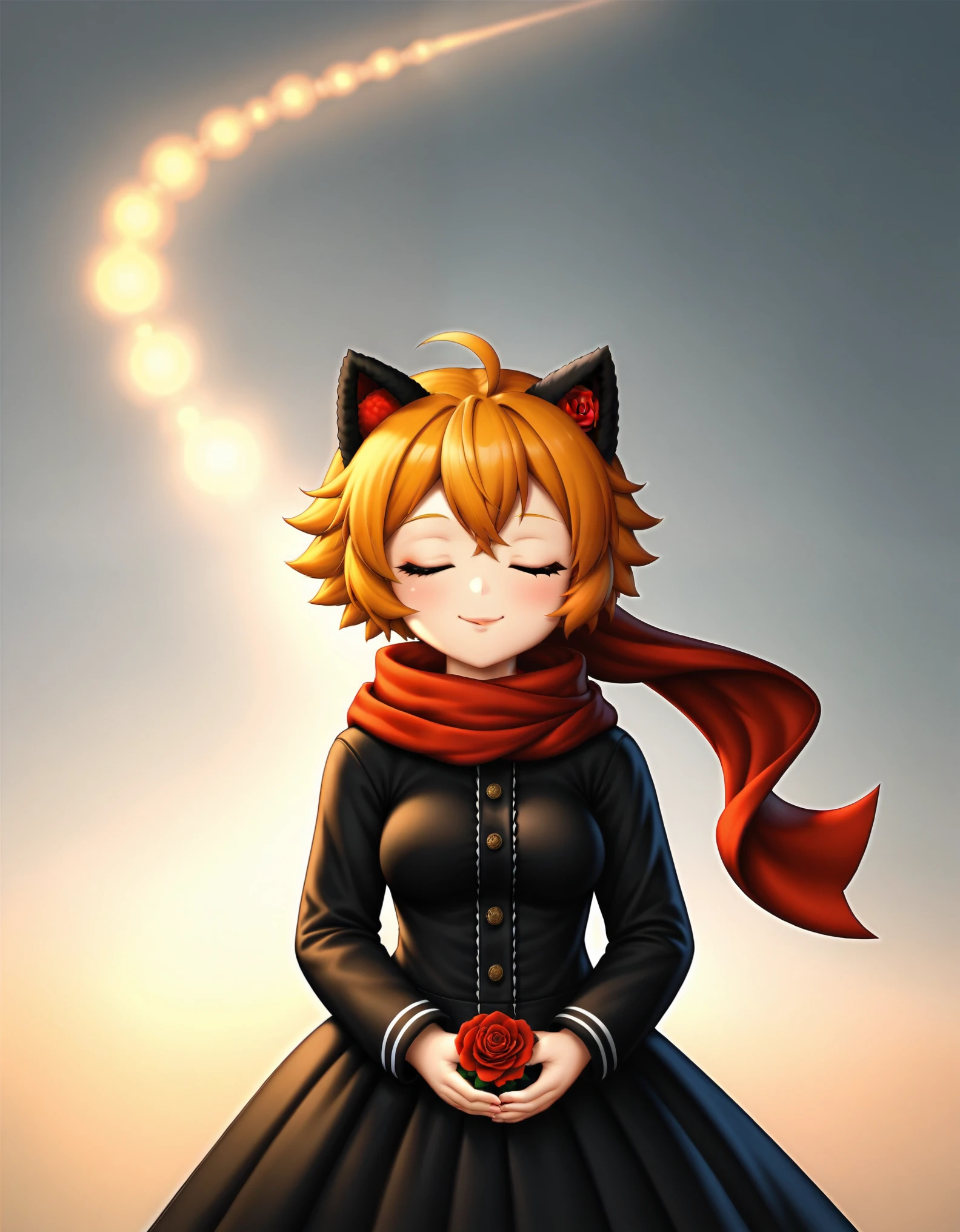 1girl,maozhan, felt style,the image showcases a whimsical doll with golden hair,closed eyes,and a scarf,seated on a spherical object. The doll holds a red rose and is surrounded by bokeh lights. The main colors are green,orange,and red., masterpiece, newest, absurdres,safe 