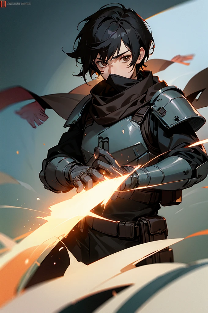 Male adult star wars bounty hunter, Short black hair, light black armored clothes, brown eyes, black scarf covering mouth and nose