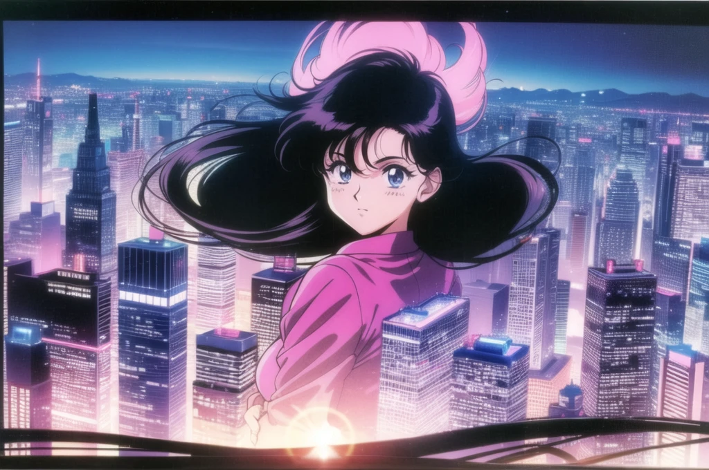 1990s (style), 1980s (style), anime girl, long black hair, vaporwave aesthetic, night city skyline, 3/4 turn