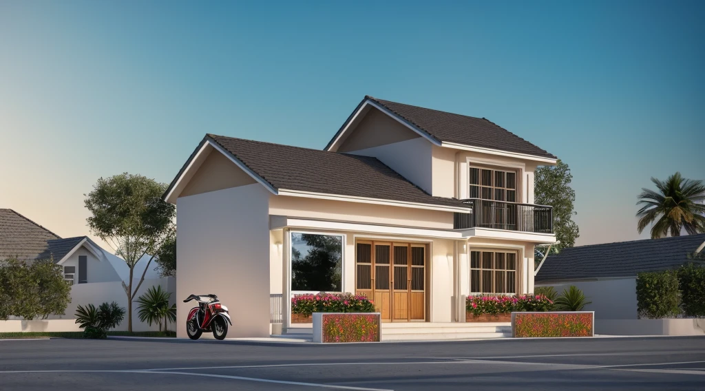 Ultra-realistic 8k, hd image quality, sharp detail, 2-story modern house, main materials: white walls, wooden ceiling accents, large glass windows, roads, cars, sidewalks, American Palm trees high, has a small alley, located in a residential area, modern style, shimmering sky, sunset light, feels peaceful, beautiful, close and warm, ((Warm light from indoor:1.3)), (daylight:1.2), perfect lighting,dynamic light,2 large glass doors,((1 large glass window:1.3)), (night light), (colorful flowers in front of the house)