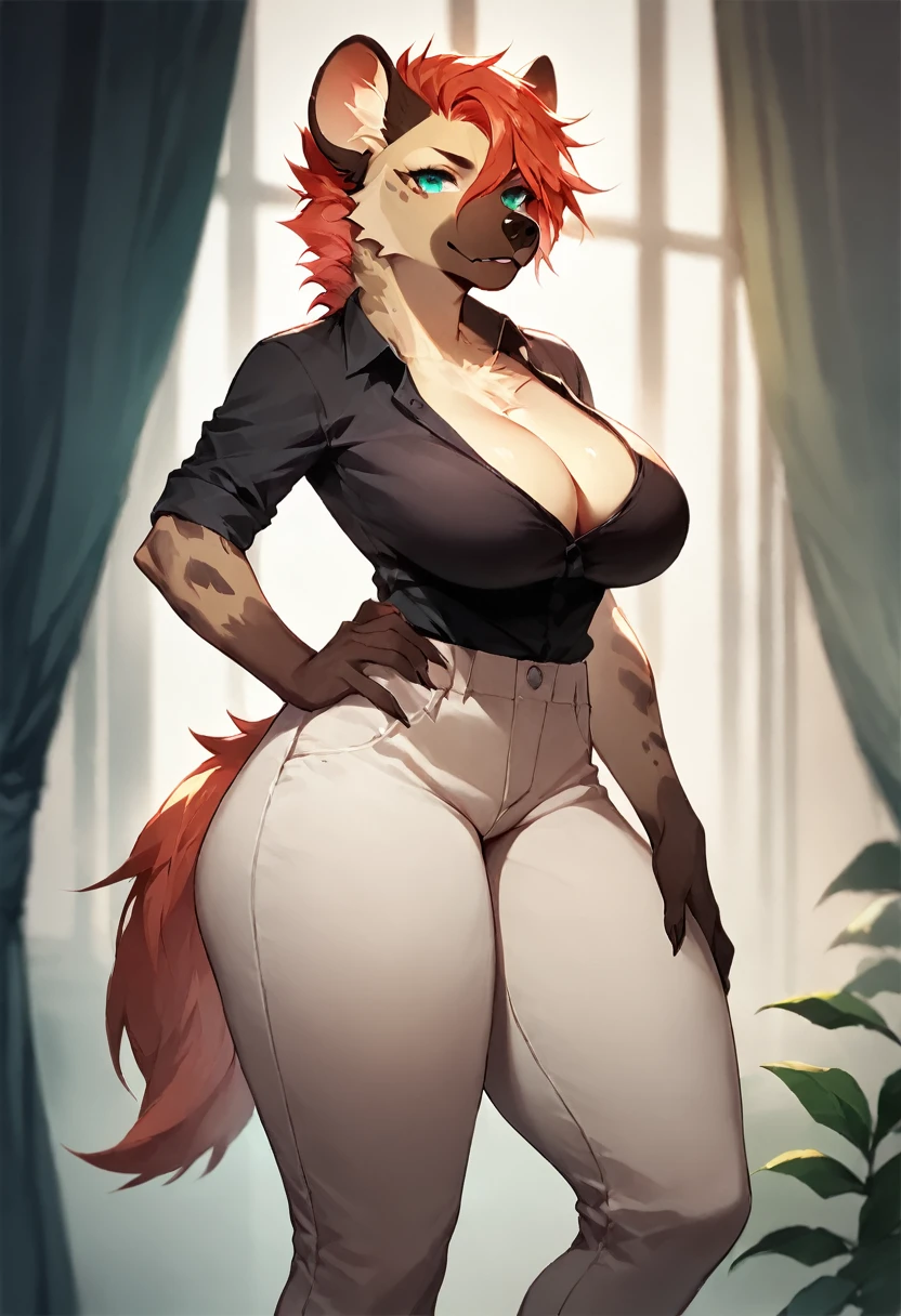 score_9, score_8_up, score_7_up, score_6_up, score_5_up, score_4_up, (solo), female anthro hyena, black shirt, sheer pants, lusty, fluffy body, long blond hair, turquoise eyes, (thick thighs:1.5)((( offering the breasts))) sex partial clothes, (((cleavage))) (barely_visible_booba) (she is standing) , giant breasts