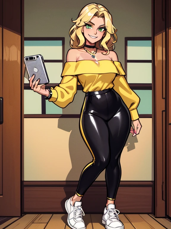(4K quality), masterpiece, beautiful mature woman, she's 36 year's old, standing at approximately 5'1" tall, has neck-length hair, her hair is golden blonde, wavy hair, has tan-olive skin, green eyes, she's looking at he camera with a thrilled smile, teeth, ((slim, petite)), her breasts are medium sized, cleavage, ((Is wearing a yellow off-shoulder shirt, shiny black leggings, emerald necklace, silver bracelets and white sneakers)), is wearing pink makeup, is wearing red lipstick, she's holding a cell phone