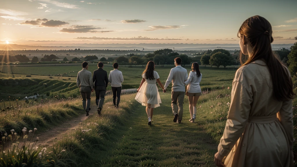 A group of people walking in a green field towards the sunrise, representing communion and the divine love that unites us.