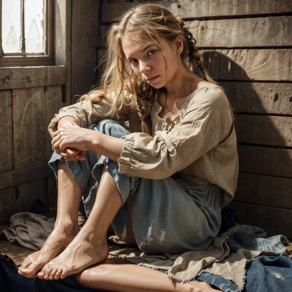 A Russian Girl Is A Serf Peasant, A Poor Girl , Barefoot , In A Torn Peasant Shirt , A Patched Sundress Dirty , Sweaty Hair In One Braid, Tanned , With Weathered Skin, Sweat Flows , Summer, Hot,Works In A Corvee , Hyperrealism A Lot Of Details, Clarity And Realism, Without Extra Limbs And Fingers
