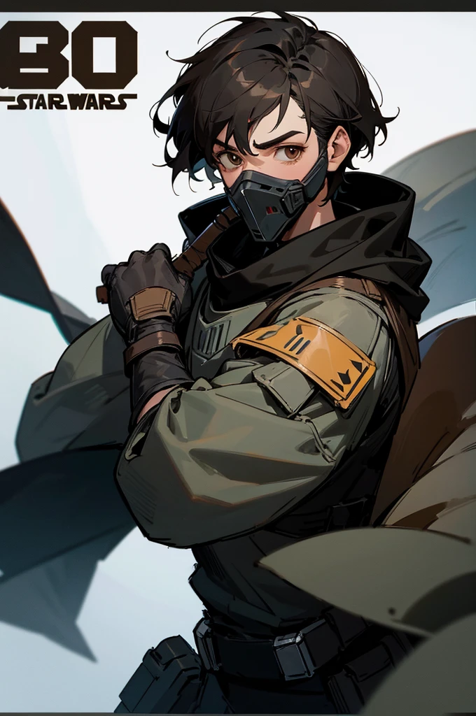Male adult star wars bounty hunter, Short black hair, light black armored clothes, brown eyes, black scarf covering mouth and nose, 30 years old