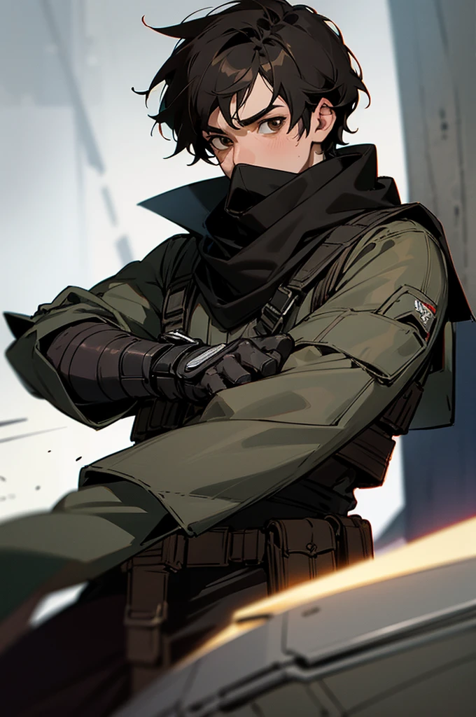 Male adult star wars bounty hunter, Short black hair, light black armored clothes, brown eyes, black scarf covering mouth and nose, 30 years old