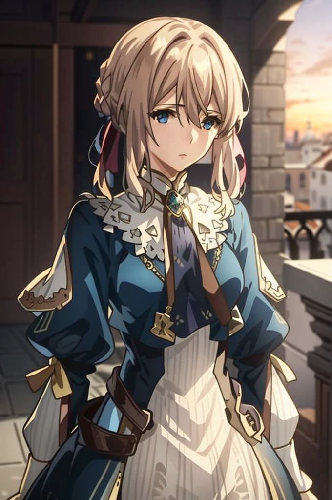 A woman in a blue dress is standing on a balcony holding a sword, Violet Evergarden, , , Small curves , Artoria Pendragon, Granblue Fantasy, Venetian girl, Complex and gorgeous anime CGI style, Kshat Krentz Key Art Female, Cute anime waifu in a nice dress