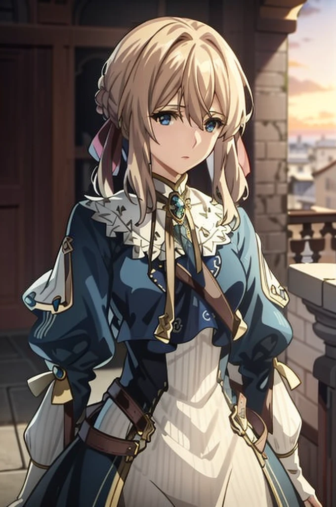 A woman in a blue dress is standing on a balcony holding a sword, Violet Evergarden, , , Small curves , Artoria Pendragon, Granblue Fantasy, Venetian girl, Complex and gorgeous anime CGI style, Kshat Krentz Key Art Female, Cute anime waifu in a nice dress